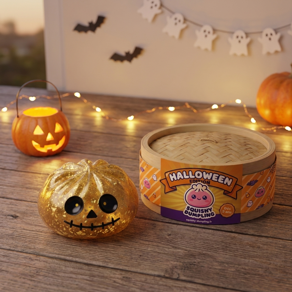 Dumpling Squishy Zombie Halloween Glitter Doré en ambiance sur un bureau