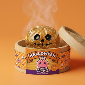 Dumpling Squishy Zombie Halloween Glitter Doré dans sa boîte panier vapeur façon bambou