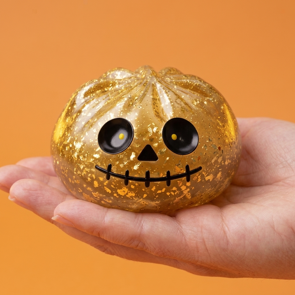Dumpling Squishy Zombie Halloween Glitter Doré tenu en main, taille réelle