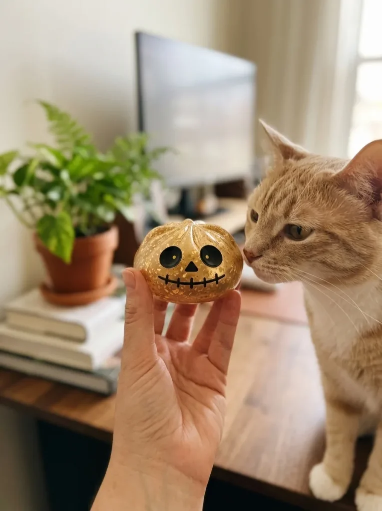 Dumpling Squishy Zombie Halloween Glitter Doré tenu près d'un animal de compagnie curieux