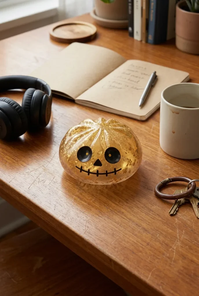 Dumpling Squishy Zombie Halloween Glitter Doré posé sur un bureau, dans le quotidien