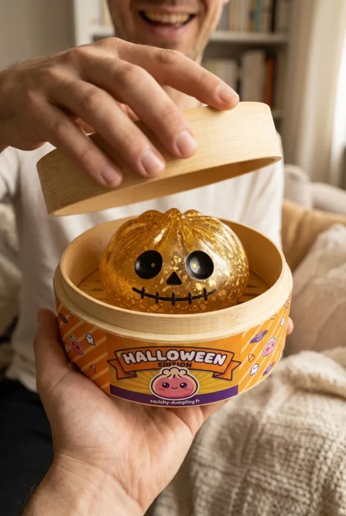 Déballage du Dumpling Squishy Zombie Halloween Glitter Doré — la boîte panier vapeur s'ouvre