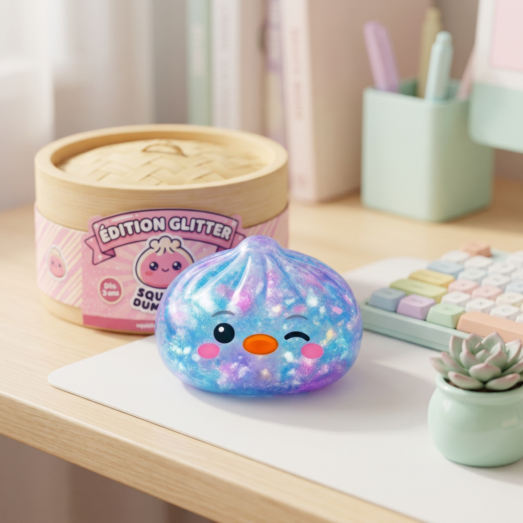 Dumpling Squishy Pingouin Bleu Galaxy en ambiance sur un bureau
