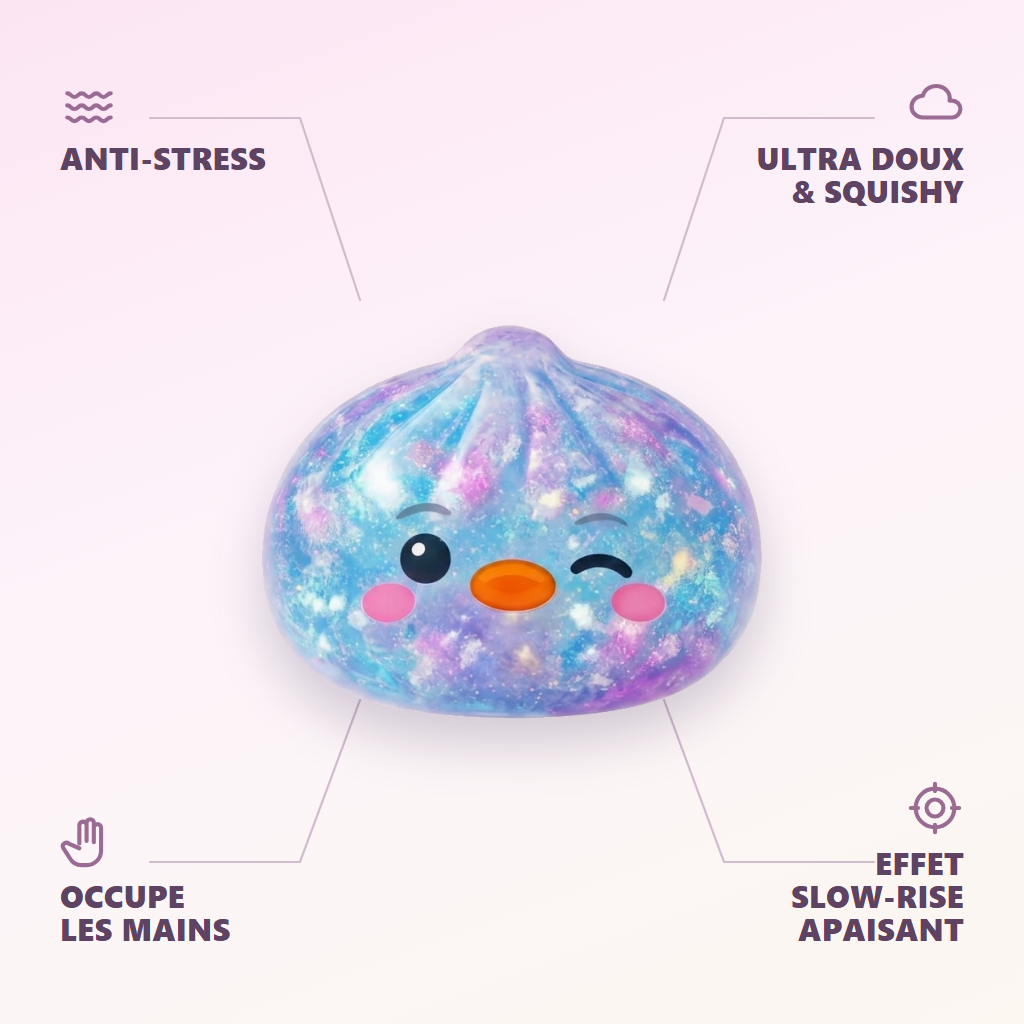 Dumpling Squishy Pingouin Bleu Galaxy — anti-stress, ultra doux, effet slow-rise