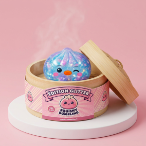 Dumpling Squishy Pingouin Bleu Galaxy dans sa boîte panier vapeur façon bambou