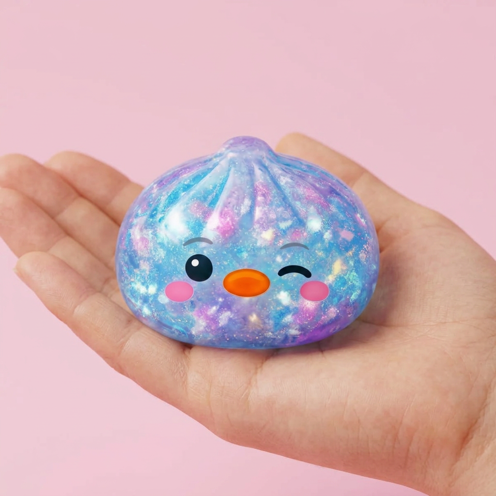 Dumpling Squishy Pingouin Bleu Galaxy tenu en main, taille réelle