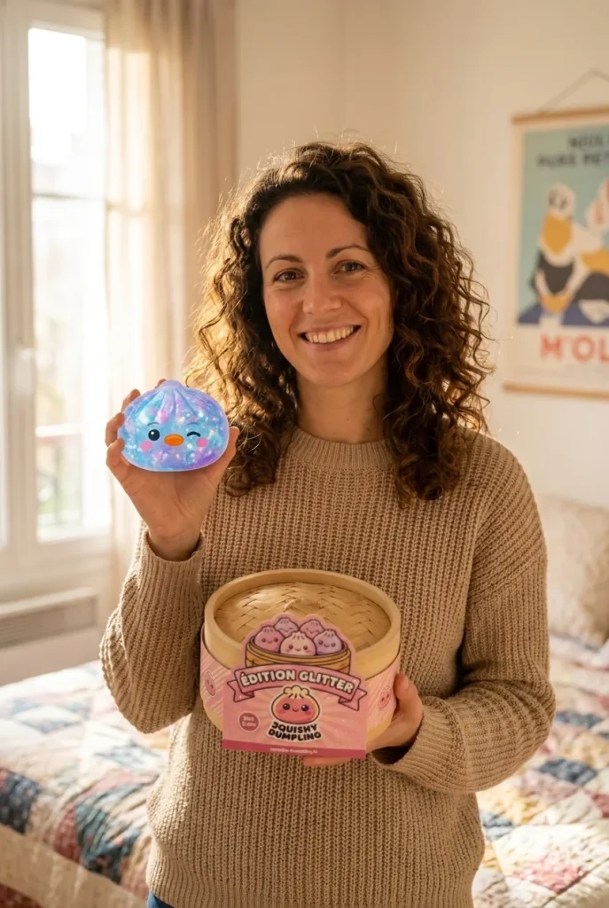 Dumpling Squishy Pingouin Bleu Galaxy présenté avec sa boîte panier vapeur — photo client
