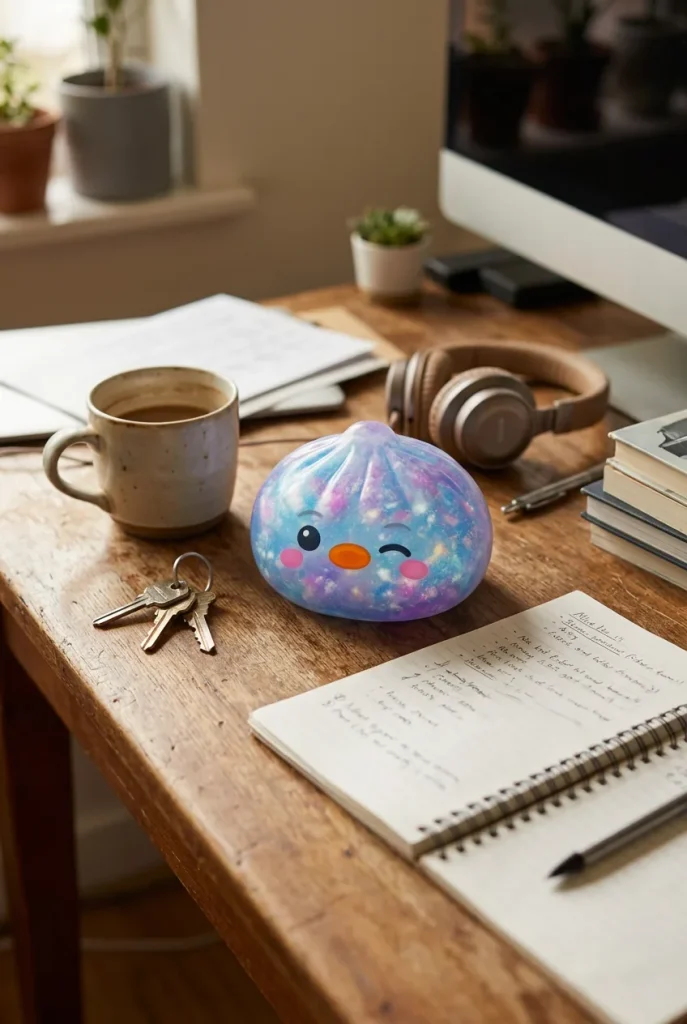 Dumpling Squishy Pingouin Bleu Galaxy posé sur un bureau, dans le quotidien