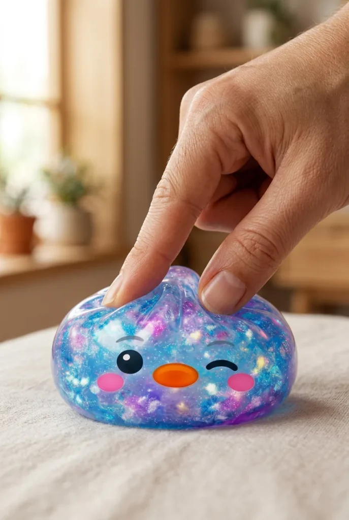 Dumpling Squishy Pingouin Bleu Galaxy pressé dans la main — effet squishy slow-rise