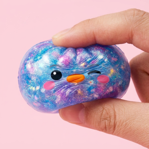 Dumpling Squishy Pingouin Bleu Galaxy — effet slow-rise, la mousse regonfle