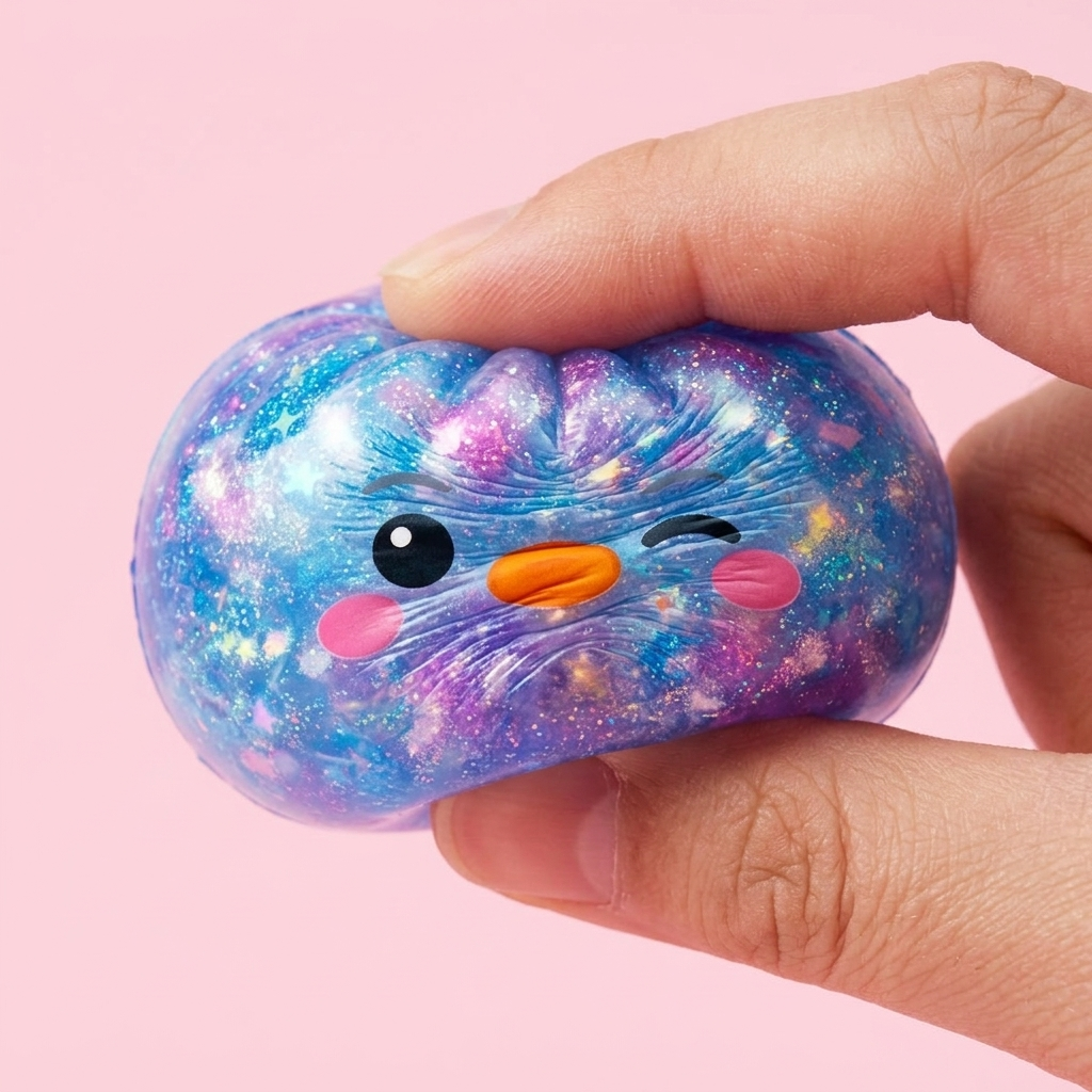 Dumpling Squishy Pingouin Bleu Galaxy — effet slow-rise, la mousse regonfle