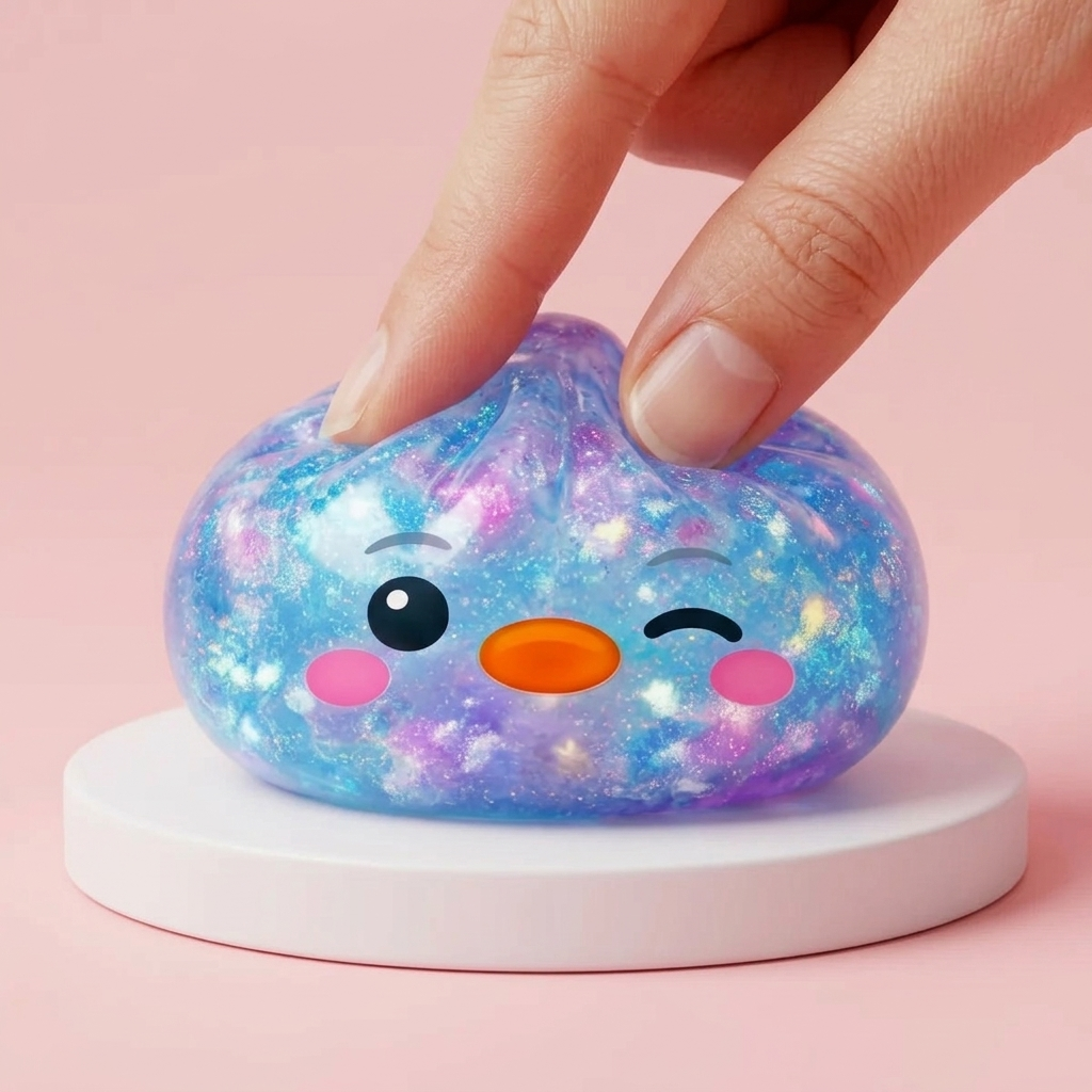 Dumpling Squishy Pingouin Bleu Galaxy pressé dans la main, matière squishy