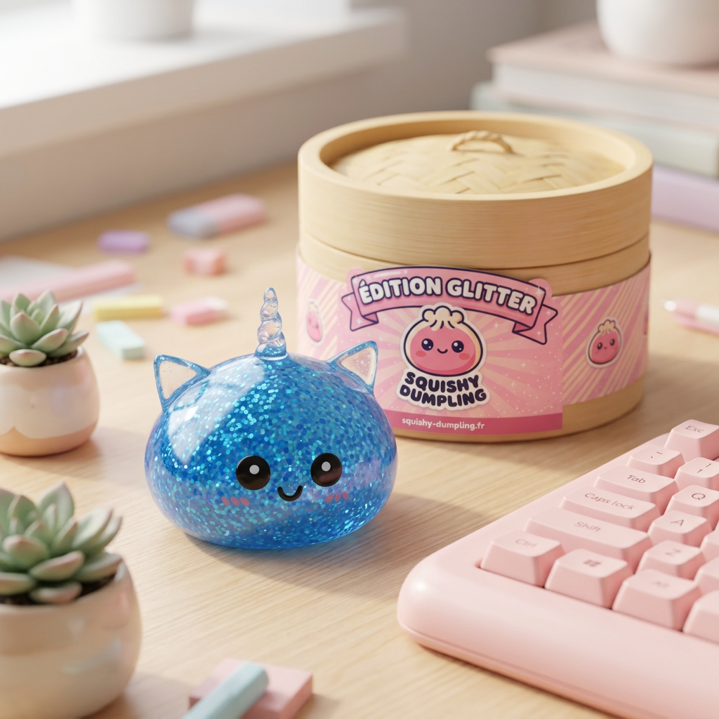 Squishy Dumpling Licorne Bleue Glitter en ambiance sur un bureau