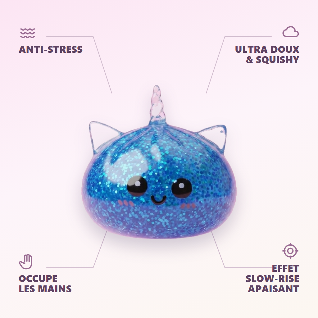 Squishy Dumpling Licorne Bleue Glitter — anti-stress, ultra doux, effet slow-rise