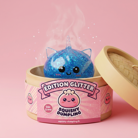 Squishy Dumpling Licorne Bleue Glitter dans sa boîte panier vapeur façon bambou
