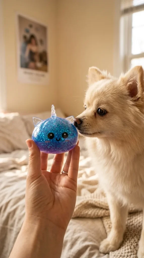 Squishy Dumpling Licorne Bleue Glitter tenu près d'un animal de compagnie curieux