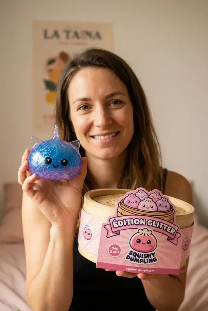 Squishy Dumpling Licorne Bleue Glitter présenté avec sa boîte panier vapeur — photo client