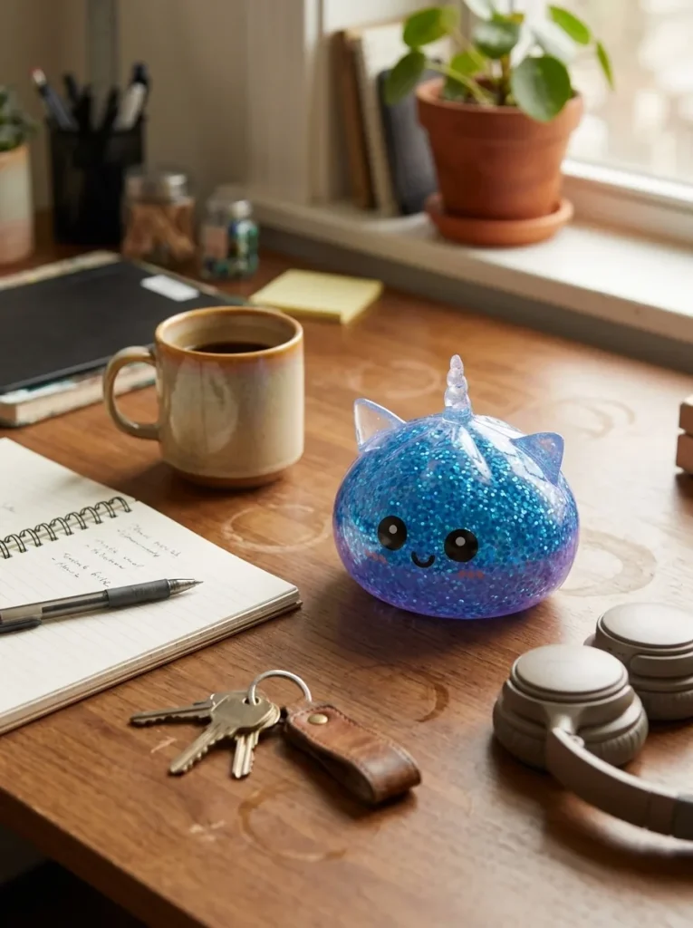 Squishy Dumpling Licorne Bleue Glitter posé sur un bureau, dans le quotidien