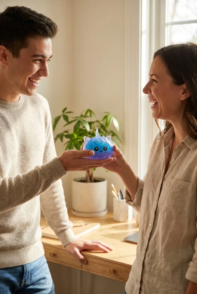 Squishy Dumpling Licorne Bleue Glitter offert en cadeau entre deux personnes