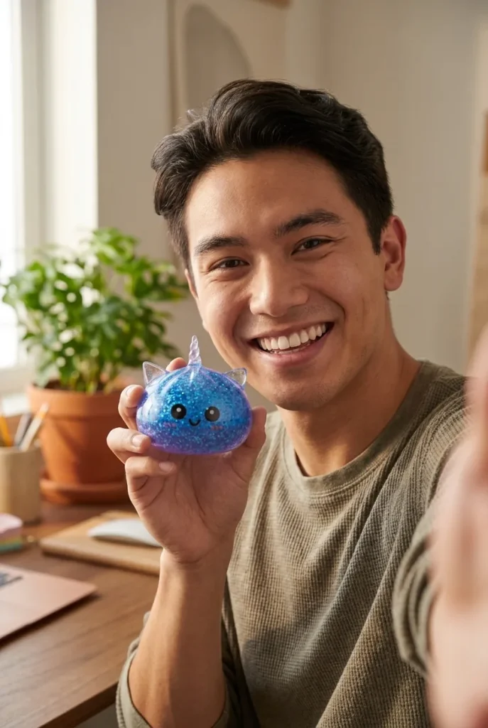 Squishy Dumpling Licorne Bleue Glitter tenu près du visage — photo client