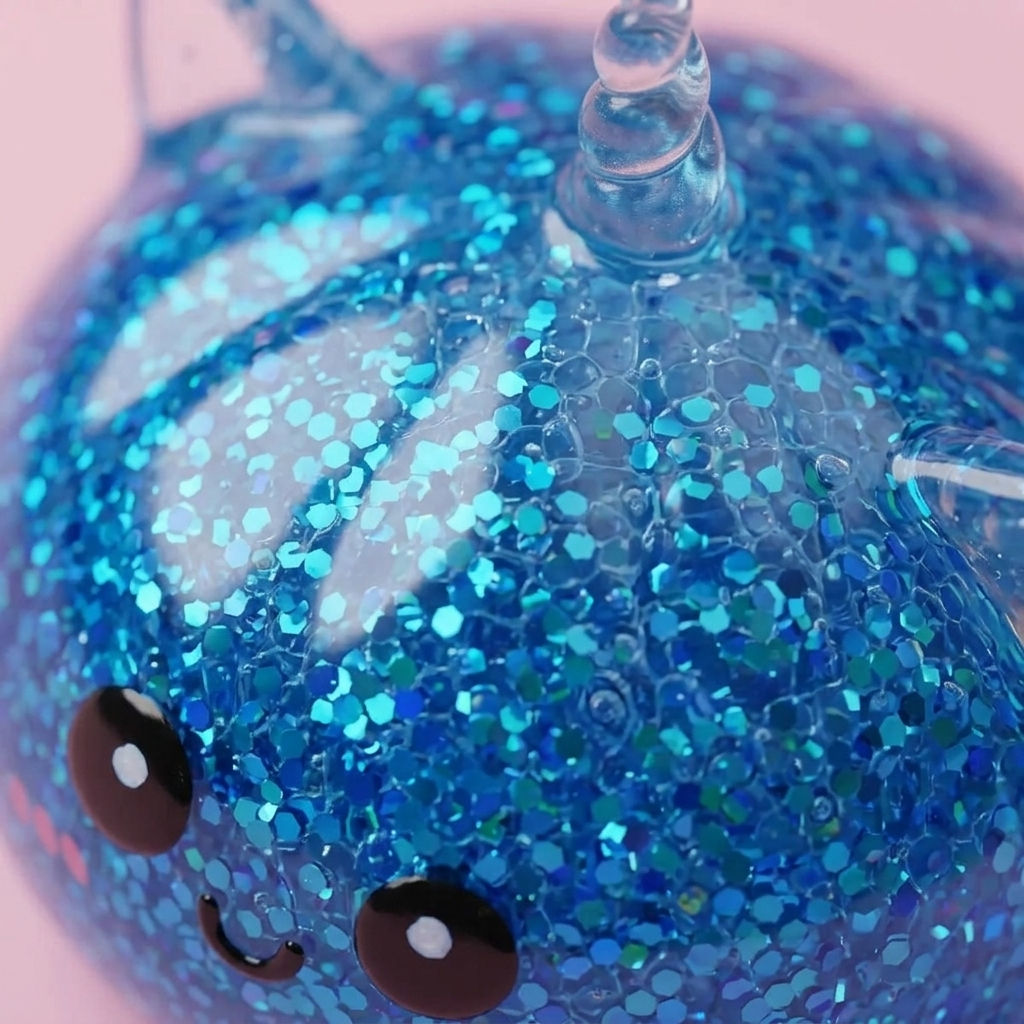Squishy Dumpling Licorne Bleue Glitter — gros plan macro sur la texture