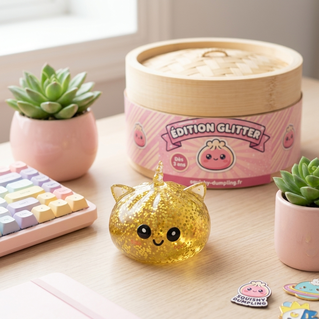 Squishy Dumpling Licorne Dorée Glitter en ambiance sur un bureau