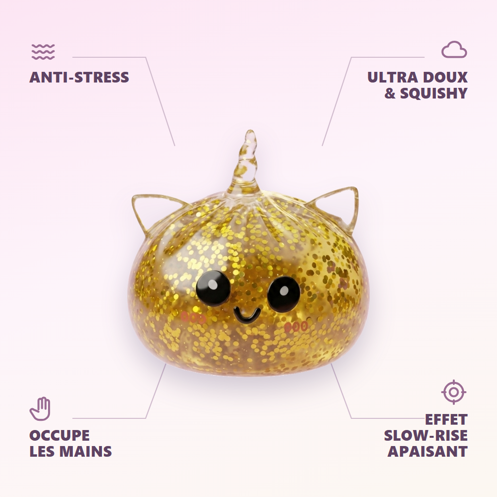 Squishy Dumpling Licorne Dorée Glitter — anti-stress, ultra doux, effet slow-rise