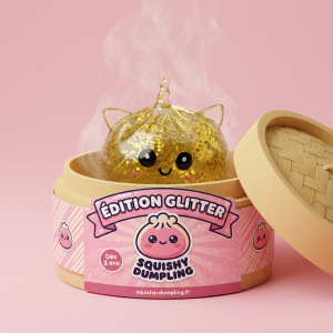 Squishy Dumpling Licorne Dorée Glitter dans sa boîte panier vapeur façon bambou