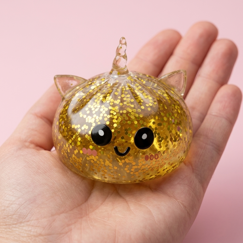 Squishy Dumpling Licorne Dorée Glitter tenu en main, taille réelle