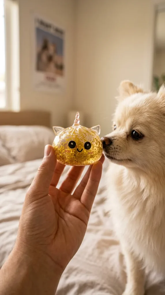 Squishy Dumpling Licorne Dorée Glitter tenu près d'un animal de compagnie curieux
