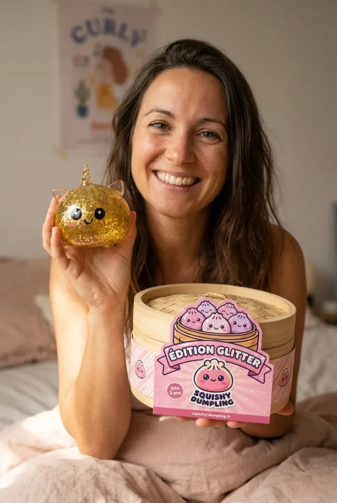 Squishy Dumpling Licorne Dorée Glitter présenté avec sa boîte panier vapeur — photo client