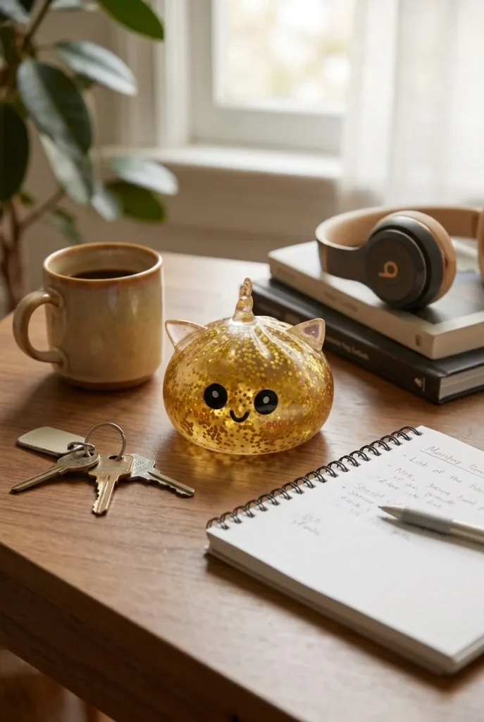 Squishy Dumpling Licorne Dorée Glitter posé sur un bureau, dans le quotidien