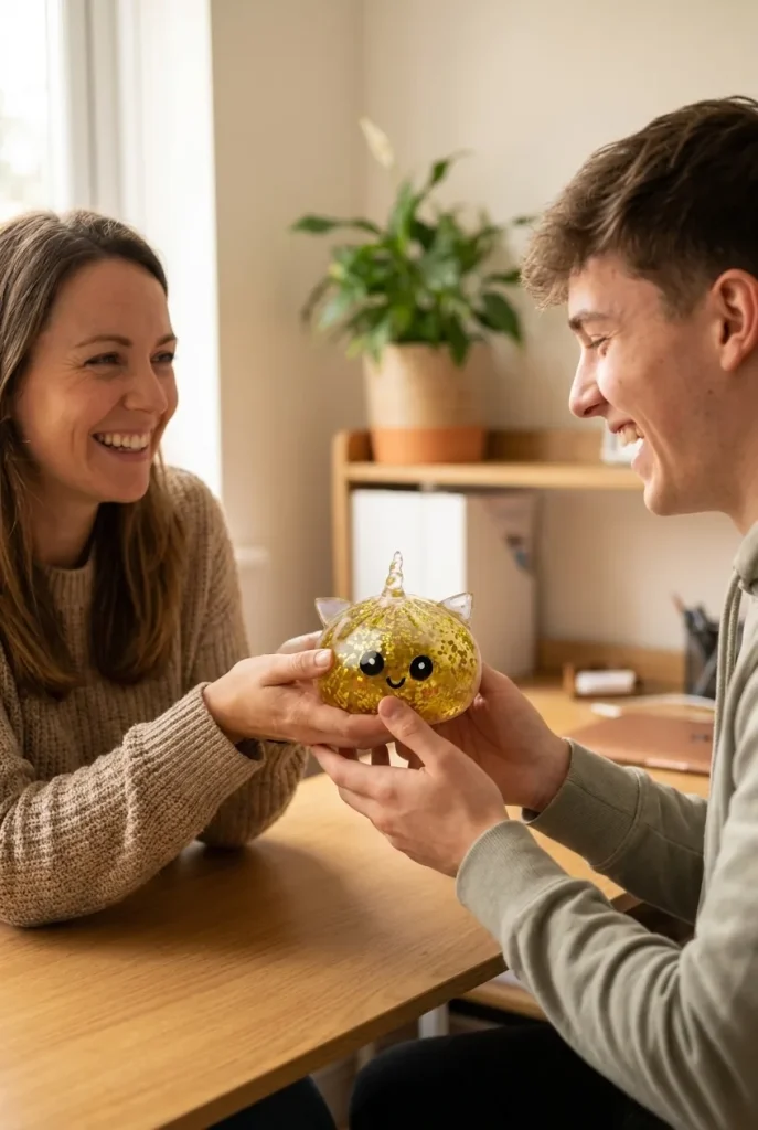 Squishy Dumpling Licorne Dorée Glitter offert en cadeau entre deux personnes