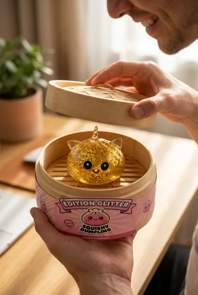 Déballage du Squishy Dumpling Licorne Dorée Glitter — la boîte panier vapeur s'ouvre