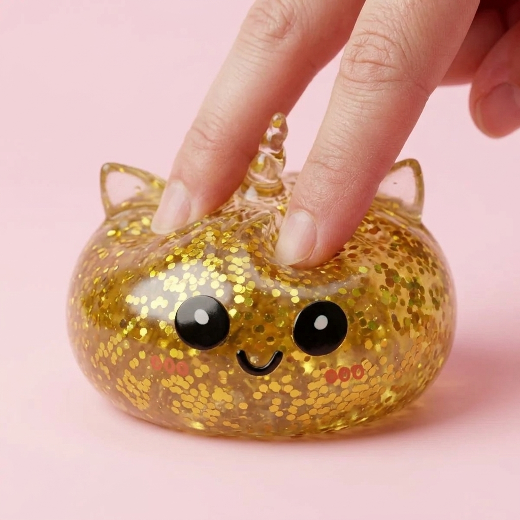 Squishy Dumpling Licorne Dorée Glitter pressé dans la main, matière squishy