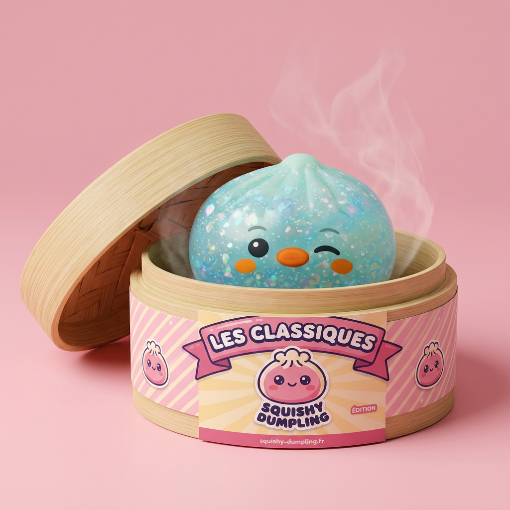 Squishy Dumpling Pingouin Vert Menthe Givré dans sa boîte panier vapeur façon bambou