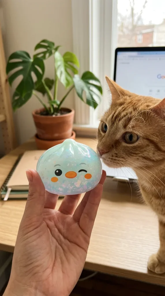 Squishy Dumpling Pingouin Vert Menthe Givré tenu près d'un animal de compagnie curieux