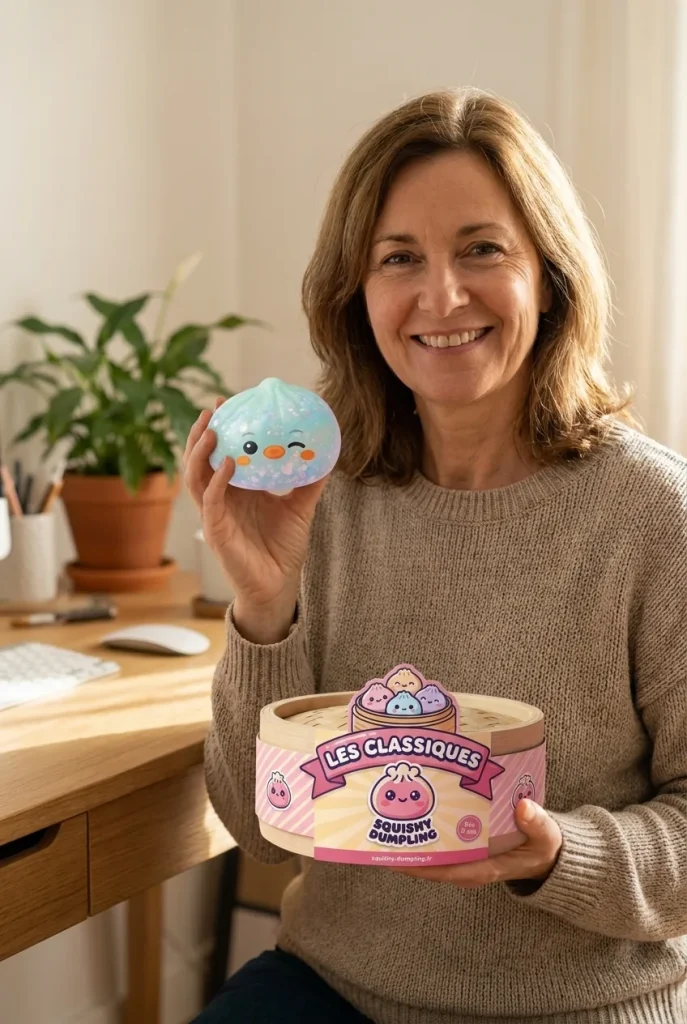 Squishy Dumpling Pingouin Vert Menthe Givré présenté avec sa boîte panier vapeur — photo client
