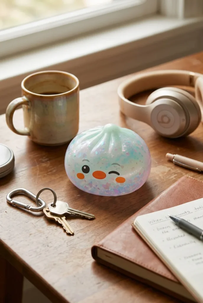 Squishy Dumpling Pingouin Vert Menthe Givré posé sur un bureau, dans le quotidien