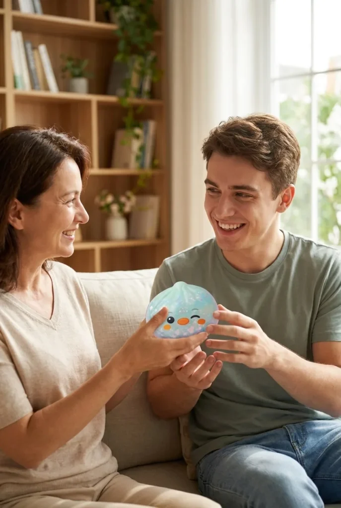 Squishy Dumpling Pingouin Vert Menthe Givré offert en cadeau entre deux personnes