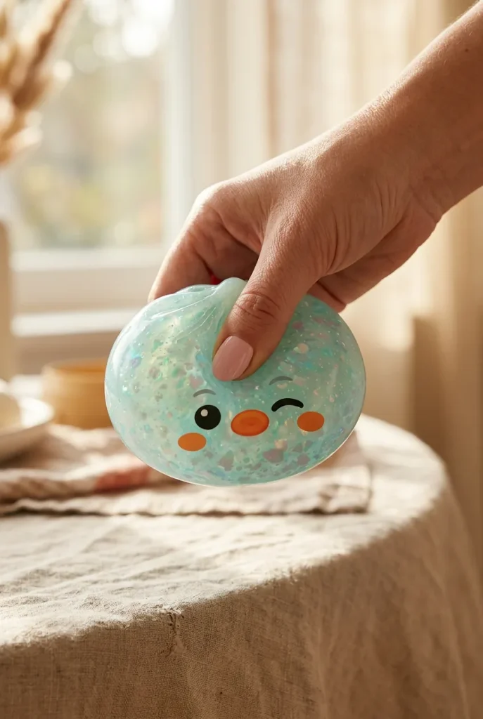 Squishy Dumpling Pingouin Vert Menthe Givré pressé dans la main — effet squishy slow-rise