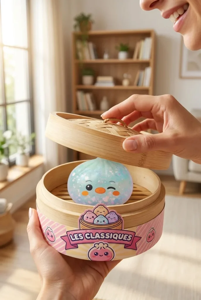 Déballage du Squishy Dumpling Pingouin Vert Menthe Givré — la boîte panier vapeur s'ouvre