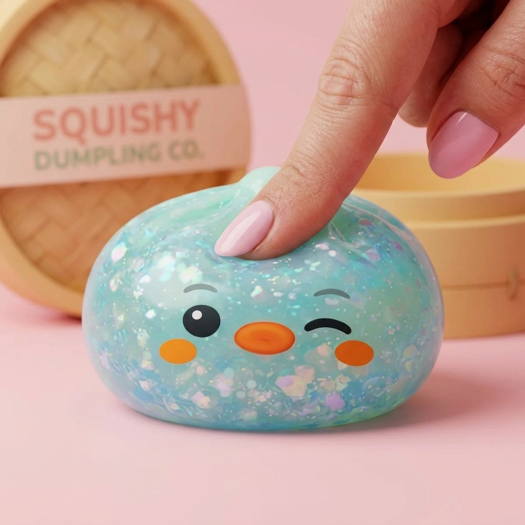 Squishy Dumpling Pingouin Vert Menthe Givré pressé dans la main, matière squishy