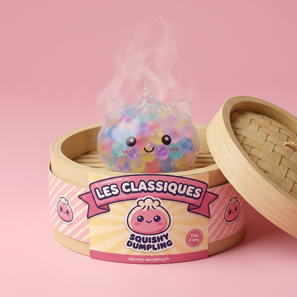 Squishy Dumpling Licorne Pastel Multicolore Bubble dans sa boîte panier vapeur façon bambou