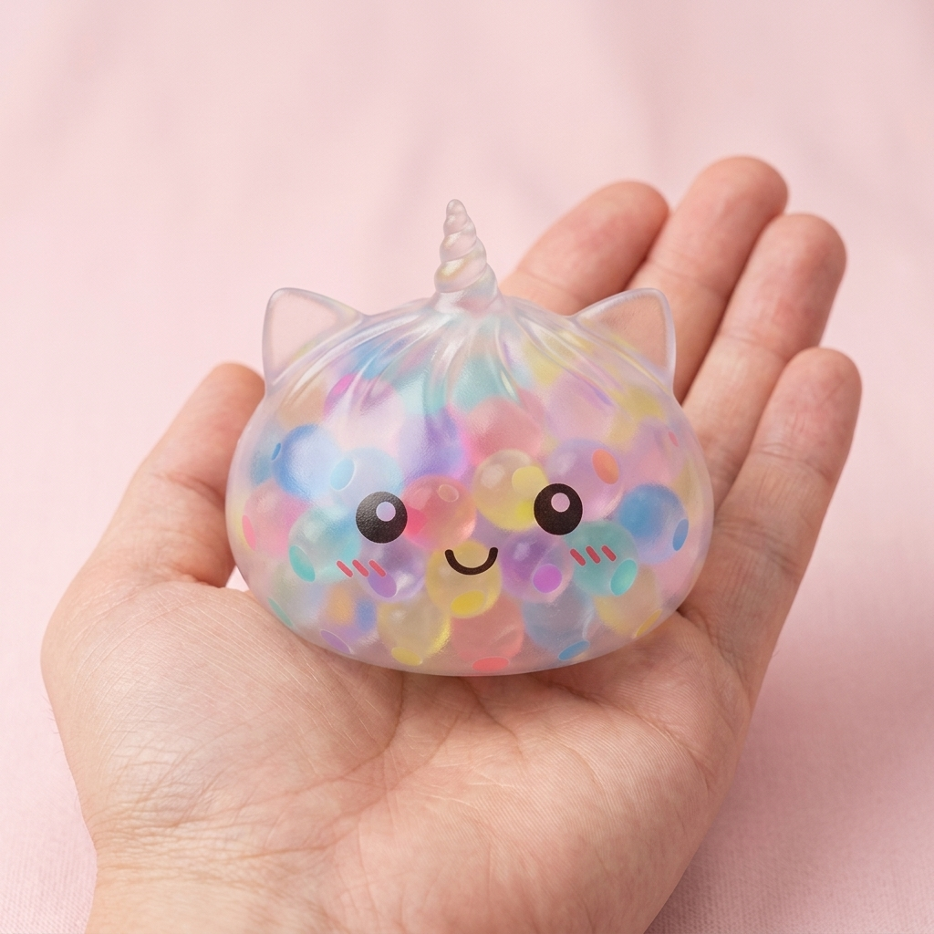 Squishy Dumpling Licorne Pastel Multicolore Bubble tenu en main, taille réelle