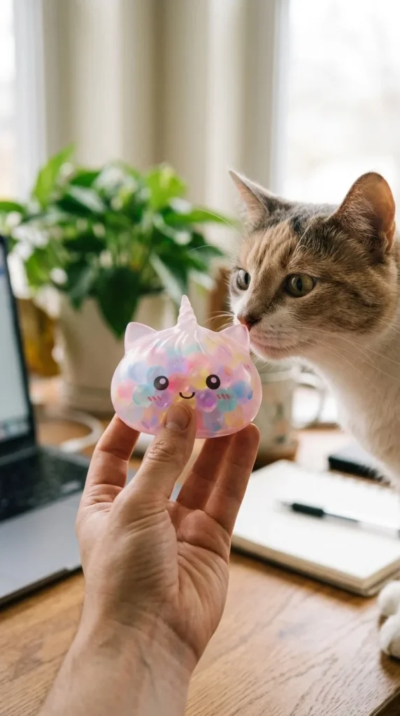 Squishy Dumpling Licorne Pastel Multicolore Bubble tenu près d'un animal de compagnie curieux