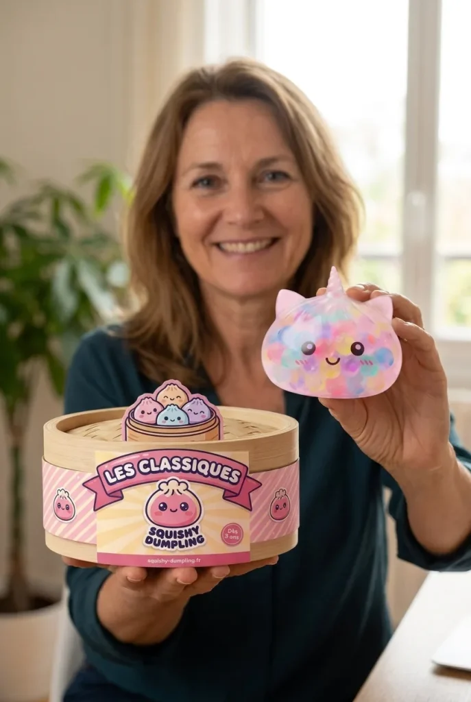 Squishy Dumpling Licorne Pastel Multicolore Bubble présenté avec sa boîte panier vapeur — photo client