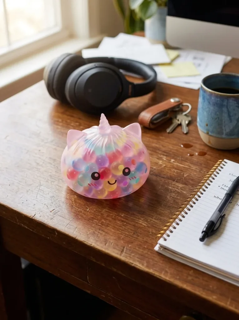 Squishy Dumpling Licorne Pastel Multicolore Bubble posé sur un bureau, dans le quotidien