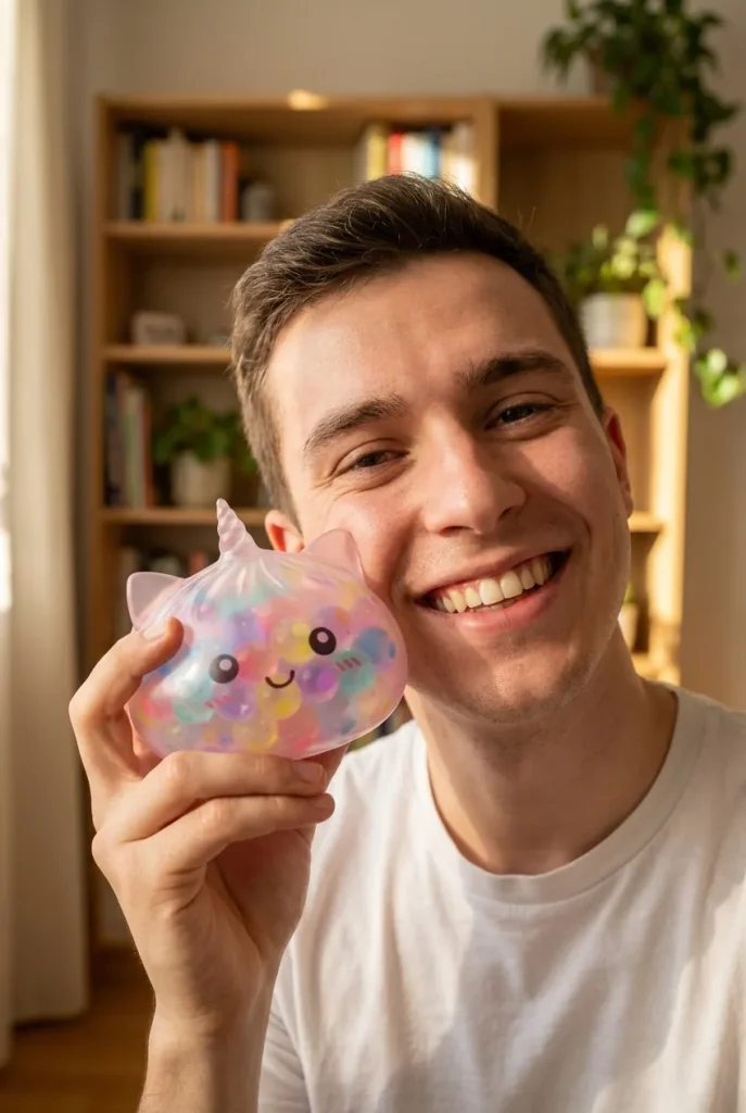 Squishy Dumpling Licorne Pastel Multicolore Bubble tenu près du visage — photo client