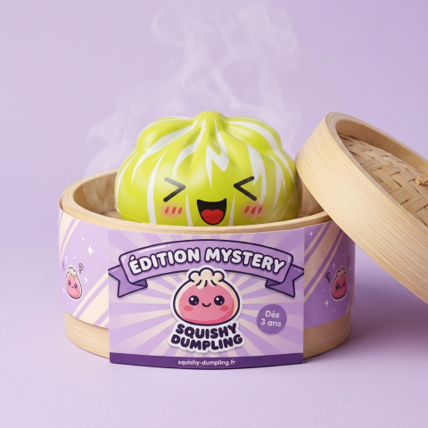 Squishy Dumpling Mystery Happy Faces dans sa boîte panier vapeur façon bambou